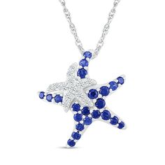 Honor motherly love in a whimsical way when you surprise Mom with this sweet blue and white lab-created starfish pendant in silver. Crafted in sterling silver The mama starfish glistens with graduated-size bright blue lab-created sapphires along her arms. Her baby - adorned with graduated-size white lab-created sapphires - shimmers atop to complete this playful look. This pendant suspends slightly askew along an 18.0-inch rope chain that secures with a spring-ring clasp. White Gold Sterling Silver Starfish Jewelry, White Star-shaped Ocean-inspired Jewelry, Ocean-inspired White Star-shaped Jewelry, Ocean-inspired White Star Jewelry, Blue Sterling Silver Necklace With Starfish Charm, Blue Sterling Silver Necklaces With Starfish Charm, Blue Starfish Sterling Silver Necklace, Blue Sterling Silver Starfish Jewelry, Blue Sterling Silver Starfish Necklace