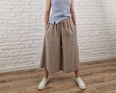 Organic softened wide leg pants in cropped length - this is a summer top number 1 option. These comfortable and stylish pants are perfect for your summer everyday, vacation time, leisure time when comfort is a top priority. These pants will equally perfectly pair with sporty shoos and summer flip-flops. I am sure, you will fall in love with this easy-going summer bottom option - it will surely make your everyday life easier! These wide leg pants are machine washable, and this fabric is already p Linen Pants For Women, Linen Wide Leg Pants, Summer Bottoms, Pants Linen, Pants Details, Summer Flip Flops, Stylish Pants, Pants Loose, Wide Leg Linen Pants