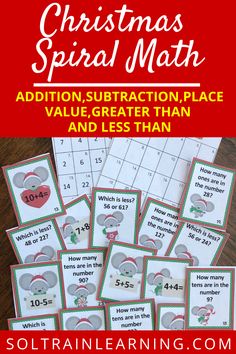 christmas spiral math addition, subtraction, place value greater than and less than