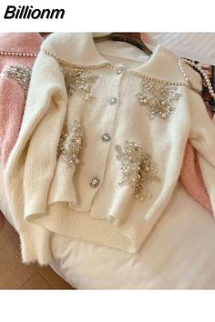 Billionm Knit Cardigan Jacket Autumn Winter New Fashion Loose Sweater Sequins Beaded Fake Mink Fleece Chic Sweater Rhinestone Sweater, Chic Sweater, Winter Decoration, Doll Collar, Older Women Fashion, Chic Sweaters, Sweater Coat, Sequin Beading, Loose Sweater