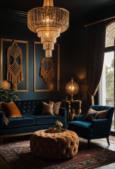 a living room filled with furniture and a chandelier hanging over the top of it