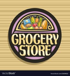 the grocery store logo with fruits and vegetables in it on a striped wallpaper background