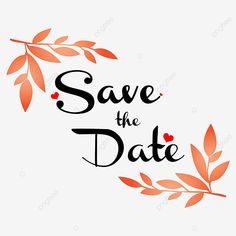 save the date card with red leaves and hearts on it, text reads save the date