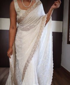 *An adorable chikankari collection with sabyasachi borders in scallop style on pure khaddi georgette silk saree* Pure fabric In elegant pearl white shade Pretty 😍   length: 5.50 Meters || Blouse fabric length: 1.00 Meter  ✅ Occasion: Festival Special | Indian Wedding | Engagement Ceremony | Award Ceremony and Business Functions | Partywear | Sangeet wear | Christmas Day | Haldi wear | Mothers day special | Baby-Shower wear | Bridesmaid Saree blouse stitching available but extra charge will be a Sabyasachi Borders, White Saree Aesthetic, Nepali Clothing, Saree White, Indian Royalty, Georgette Silk Saree, Chikankari Saree, Indian Bridesmaid Dresses, White Lehenga