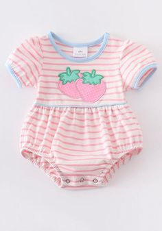 Baby Girls Pink Striped Strawberry Appliqué Bubble Romper -97% Cotton, 3% Spandex -Machine Washable -Manufactured by a trusted production partner of Hissy Fitz Boutique Fitted Pink Bodysuit With Cartoon Print, Spring Onesie With Cartoon Print For Playwear, Spring Cartoon Print Onesie For Playwear, Cute Pink Onesie With Cartoon Print, Spring Bodysuit With Cartoon Print For Playtime, Spring Cartoon Print Bodysuit For Playtime, Pink Cartoon Print Onesie For Summer, Summer Pink Onesie With Cartoon Print, Playful Cartoon Print Bodysuit For Spring