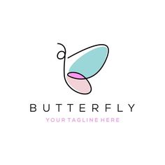 a butterfly logo with the words butterfly on it's back and pink, blue, and