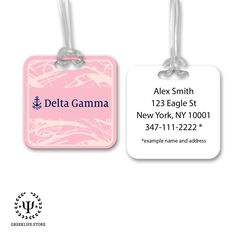 • PREMIUM QUALITY MATERIAL: Delta Gamma Custom Made Square Bag Tag is made from high-quality White Gloss FRP, Fiberglass Reinforced Plastic. • DIMENSIONS: The luggage tag measures 3” H x 3” W. • IMPECCABLE GRAPHICS: Delta Gamma Square Bag Tag features custom graphics along with the logo, motto, and the name of Delta Gamma. • PERFECT: Delta Gamma is the perfect accessory for any bag! Durable elastic strap easily attaches to baggage and keeps bag tag securely fastened en route. • SAFETY AND USAGE Delta Gamma Designs, Acacia Fraternity, Kappa Alpha Theta, Delta Gamma, Luggage Bag, Custom Graphics, Bag Tag, White Gloss, Luggage Tag