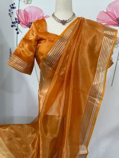 Amazing silk mark certified Banarasi tissue saree blouse size 36-40 fall & pico done. Comes with in-skirt Exclusive sarees from Haas Gold Organza Pre-draped Saree For Navratri, Festive Pre-draped Tissue Silk Saree, Gold Organza Saree With Unstitched Blouse, Pre-draped Organza Saree With Zari Weaving, Organza Pre-draped Saree With Zari Weaving, Orange Organza Traditional Wear For Festivals, Bollywood Tissue Silk Blouse Piece, Traditional Drape Saree With Organza Pallu, Bollywood Organza Blouse Piece With Zari Weaving