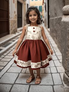 ✿ABOUT THIS DRESS ✓Our handmade sleeveless, cottage core style dress features a stunning upper body made from French peasant's patterned Panama linen, while the skirt is crafted from high-quality linen fabric.  ✓The dress is also lined with soft, breathable cotton from the inside for added comfort. ✓The dress is designed with customizable straps that can be tied in the form of laces, allowing for a perfect fit for your child.  ✓Plus, the adorable knot detail on the front adds a touch of whimsy t Brown Sleeveless Dress With Buttons, Brown Cottagecore Dress For Summer, Spring Sleeveless Prairie Dress, Sleeveless Cotton Vintage Sundress, Sleeveless Cottagecore Vintage Dress For Garden Party, Vintage Cotton Sleeveless Sundress, Cottagecore Sleeveless Cotton Vintage Dress, Cottagecore Dresses With Buttons For Garden Party, Brown Sleeveless Ruffle Sundress