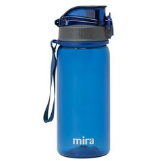 a blue water bottle with the word mira on it's side and a black lid