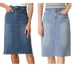 Elevate your summer wardrobe with the Allegra K Women's Casual High Waist Back Vent Short Denim Skirt. This two-pack set in Blue and Light Blue offers versatile styling options for any casual occasion.

- Material: Denim
- Color: Blue and Light Blue
- Size: Small
- Gender: Female
- Age Group: Adult

Designed with a flattering high waist and a chic back vent, these skirts fall just below the knee, making them ideal for warm afternoons in the park or stylish evenings out. The raw hem adds a touch Skirts Fall, Casual Denim Skirt, High Waisted Denim Skirt, Short Denim Skirt, Summer Attire, Denim Pencil Skirt, Simple Blouse, Short Denim, Pretty Top