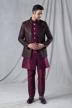 Maroon long jacket with abstract, geometric, sequin embroidery. Paired with an inner kurta. Comes along with a pant. - Aza Fashions Wedding Sets With Zari Work For Fall, Fall Wedding Sets With Zari Work, Festive Party Outerwear With Resham Embroidery, Fitted Embroidered Outerwear For Reception, Embroidered Fitted Outerwear For Reception, Embroidered Fitted Outerwear For Receptions, Designer Winter Outerwear With Resham Embroidery, Festive Party Outerwear With Dupatta, Festive Party Outerwear With Intricate Embroidery