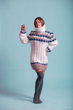 Cozy Mohair Sweater For Winter, Cozy White Long Sleeve Knitting Pattern, Mohair Long Sleeve Sweater For Cold Weather, White Hand Knitted Long Sleeve Sweater, Long Sleeve Mohair Sweater For Cold Weather, White Hand-knitted Acrylic Sweater, White Hand Knitted Acrylic Sweater, Winter White Cable Knit Pattern, White Mohair Knitted Sweater