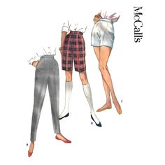 three women in plaid shorts and high waisted pants, one with short legs on the other