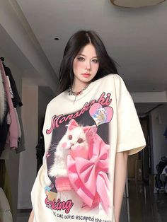 Kawaii Shirt, Boyish Outfits, White And Black Cat, Cat Themed Gifts, Knitted Cat, Cat Hoodie, Cat T Shirt, Pink Cat, Cat T