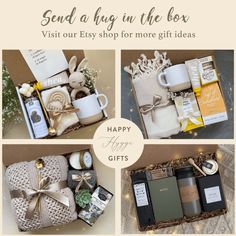 the gift box is filled with various items for someone's special occasion, including coffee mugs and tea bags