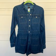 No Trades. New With Tag. Dark Wash Soft Denim Romper From Express. Size Xs. Snap Buttons In Front, Waist, Wrists And Pockets. Zipper Fly Closure. Unlined. 100% Cotton- Material Does Not Stretch. Details: Size Xs 100% Cotton, Cold Wash Only Total Length: 29” Bustline: 17” Across From Armpit To Armpit Waistline: 14” Across Rise: 14” Inseam: 2” Sleeve Length: 24.5” Blue Cotton Long Sleeve Denim Jumpsuit, Blue Cotton Denim Jumpsuit With Long Sleeves, Blue Long Sleeve Cotton Denim Jumpsuit, Casual Medium Wash Long Sleeve Denim Jumpsuit, Casual Long Sleeve Medium Wash Denim Jumpsuit, Utility Style Long Sleeve Denim Jumpsuit In Medium Wash, Utility Long Sleeve Medium Wash Denim Jumpsuit, Long Sleeve Medium Wash Denim Jumpsuit In Utility Style, Long Sleeve Relaxed Fit Denim Jumpsuit With Button Closure