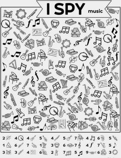 a black and white poster with musical instruments on it's side, which says i spy music