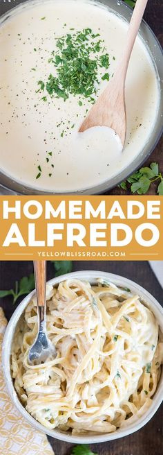 homemade alfredo in a skillet with a wooden spoon