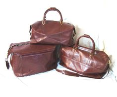 Travel in luxury and style.  Rich brown color and golden hardware.  Don't blend in with the crowd!  This couples set is perfect for your honeymoon or weekend getaway.  Made with Top Grain Leather.  Original owner.  Circa 1996. Smallest Bag (Picture#4): Fantastic Condition! 20 inches wide 9.5 inches deep 9 inches high -leather handles -small outer pocket  -interior pocket -a few scuffs on one side (with the pocket) Medium Bag (Picture# 3): -moderate wear  21.5 inches wide 11 inches deep 13 inches Gucci Luggage Set, Leather Luggage Set, Gucci Luggage, Gucci Leather Bag, Honeymoon Bag, Bag Picture, Panorama City, Gucci Vintage Bag, Luxury Luggage