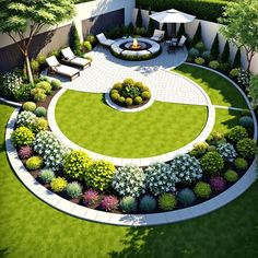 an aerial view of a circular garden with seating area and fire pit in the center