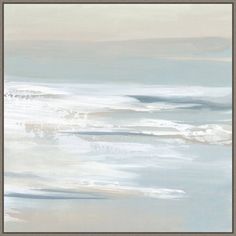 an abstract painting with white and blue colors on the ocean shore, framed in grey wood frame