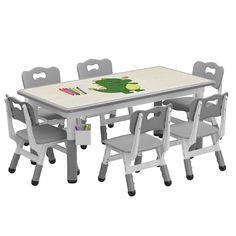 a white table with chairs and a green frog on the top is set against a white background