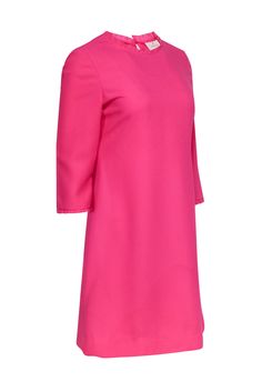 Add a pop of color to your wardrobe with the playful bubblegum pink "Dizzy Dress" from Kate Spade. Fiercely feminine with a figure-flattering A-line silhouette, this pretty pink number boasts a dainty ruffled trim and keyhole accent. Pair with slingback pumps for a perfectly polished look. Size 10 100% Polyester Hidden back zip Keyhole back w/ button Crew neckline Ruffled trim Three-quarter sleeves A-line silhouette Bust 37.5" Waist 32" Shoulder to hem 35.75" Sleeve length 17.5" Pink A-line Dresses For Work, Pink Stretch A-line Dress, Pink A-line Mini Dress For Work, Feminine Pink Stretch Dress, Kate Spade Fitted Mini Dress For Spring, Spring Kate Spade Party Dress, Kate Spade Spring Party Dress, Spring Party Mini Dress By Kate Spade, Kate Spade Spring Party Mini Dress