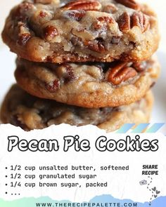 three pecan pie cookies stacked on top of each other with the recipe below it