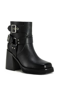 These black faux leather biker booties feature a block heel for added height and a touch of edginess. Complete with silver belt buckle hardware details on the shaft, these boots are perfect for adding a touch of moto-inspired style to any outfit. Black Moto Boots, Silver Belt Buckle, Silver Belt, Sandal Platform, Silver Belts, Plus Size Shopping, Boots And Sneakers, Moto Boots, Denim Outfit