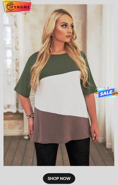 Green Red Plus Size Crew Neck Colorblock Tee Royalty Fashion, Formal Tops, Color Block Tee, Plus Size Tees, Balloon Sleeve Top, Current Fashion Trends, Plus Size Top, Quarter Zip Pullover, Tunic Length