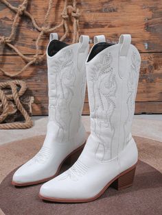 2024 New Spring & Autumn Collection White Pointed Toe Embroidered Western Style Riding Boots, Cowboy Boots For Women Fall For Christmas And New Year Holiday White Fashionable    Plain Western Boots   Women Shoes, size features are:Bust: ,Length: ,Sleeve Length: Cute White Cowgirl Boots, Wedding White Boots, White Boots Cowgirl, Women’s Cowboy Boots, Western Wedding Boots, Cow Boy Boots, Style Riding Boots, Wedding Cowboy Boots, White Cowgirl Boots