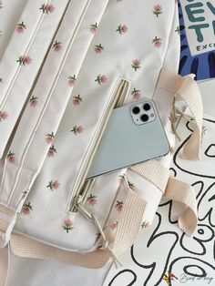 BirdinBag - Charming Floral Laptop Backpack with Bag Charm. Cute Beige Rectangular Backpack, Back To School Rectangular Bag With Mobile Phone Pocket, Back To School Pouch Bag, Back To School Pouch Bag For Daily Use, Back To School Pouch For Daily Use, Back To School Rectangular Mobile Phone Bag, Cute Rectangular Backpack For Daily Use, White Backpack With Large Capacity, White Large Capacity Tote Backpack