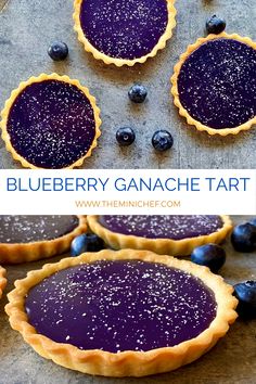 blueberry ganache tarts with fresh blueberries on the side and text overlay