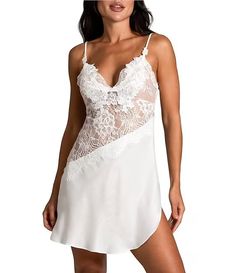 In Bloom by Jonquil Satin Scallop Lace Trim V-Neck Sleeveless Tie Back Chemise | Dillard's Lace V-neck Camisole, V-neck Satin Camisole With Lace Trim, White Lace Contrast Camisole, White Contrast Lace Camisole, White Contrast Lace Cami Camisole, White Camisole With Contrast Lace, Sleeveless Delicate Lace Slip Dress For Night Out, Sleeveless Lace Camisole With Lace Patchwork, Sleeveless Contrast Lace Slip Dress For Night Out