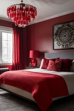 a red and white bedroom with a chandelier hanging from the ceiling