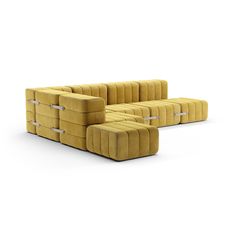 three yellow couches with metal straps on each side and one in the middle, all facing different directions