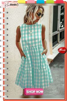 Fashion Round Neck Plaid Loose Female Plaid Dress Cake Skirt Green Casual Knee-length Sleeveless Dress, Casual Green Sleeveless Knee-length Dress, Casual Green Knee-length Sleeveless Dress, Casual Tiered Sleeveless Dress For Day Out, Casual Knee-length Ruffled Sleeveless Dress, Casual Tiered Sleeveless Dress For Summer, Spring Tiered Dress With Pockets, Green Skirted Dress For Summer, Casual Knee-length Sundress With Pockets