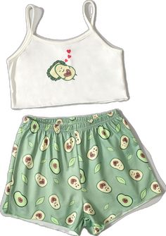 Green Cartoon Print Summer Sets, Sleeveless Cotton Sets For Summer, Cotton Sleeveless Summer Sets, Trendy Sleeveless Vacation Sets, Fun Cotton Summer Sets, Sleeveless Cotton Summer Set, Trendy Sleeveless Beach Sets, Cute Sleeveless Sets For Vacation, Cute Summer Sleeveless Tank Top