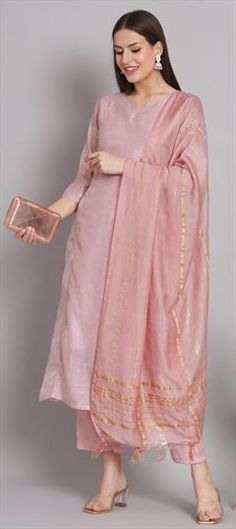 Pink and Majenta color Salwar Kameez in Chanderi Silk fabric with Embroidered, Thread work Formal Palazzo Set With Pallu For Festivals, Pink Salwar Kameez For Formal Diwali Occasion, Pink Formal Salwar Kameez For Diwali, Pink Formal Salwar Kameez For Festivals, Formal Pink Salwar Kameez For Festivals, Pink Unstitched Suit With Pallu For Party, Formal Anarkali Unstitched Suit With Pallu, Pink Bollywood Salwar Kameez For Formal Occasions, Pink Straight Kurta For Formal Occasions