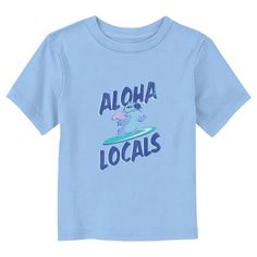 Ohana means family, and family means no tee gets left behind! Find the perfect style for your little one with this officially licensed Toddlers' Disney Lilo & Stitch Aloha Locals Surfer Graphic T-Shirt! This fun design features an illustrated print of Stitch looking cool on a surfboard and the words "Aloha Local" in distressed blue lettering across the front. Celebrate a certain alien, otherwise known as Experiment 626 with new fabulous apparel from the incredible movie! Playful Short Sleeve Top For Fan Merchandise, Blue Family Matching Short Sleeve Tops, Light Blue Graphic Tee With Cartoon Print, Blue Family Matching T-shirt With Character Print, Playful Light Blue Short Sleeve T-shirt, Blue Family Matching T-shirt With Cartoon Print, Family Matching Blue T-shirt With Cartoon Print, Playful Blue Relaxed Fit T-shirt, Experiment 626