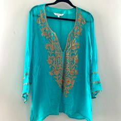 Deep V Neck. Can Be Worn With Tank Underneath Or Bathing Suit! 100% Rayon 30 Inches Long 22 Inches Across Chest Blue Bohemian Blouse For Eid, Bohemian Blue Blouse For Eid, Spring Bollywood Embroidered Kaftan, Bollywood Style Embroidered Spring Kaftan, Bollywood Style Embroidered Kaftan For Spring, Spring Bollywood Kaftan With Floral Embroidery, Bollywood Spring Kaftan With Floral Embroidery, Bollywood Style Floral Embroidered Kaftan For Spring, Bollywood Style Floral Embroidery Kaftan For Spring