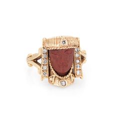 Finely detailed vintage Art Deco Egyptian Revival Pharaoh ring (circa 1920s) crafted in 14k white gold.  Jasper measures 9mm x 8mm. 12 small single cut diamonds total an estimated 0.06 carats (estimated at H-I color and SI2-I2 clarity). The jasper is in good condition and free of cracks or chips.     Distinct and beautifully made, the Pharaoh features an elaborate diamond set headdress. Carved in Jasper the face is sculpted and detailed in a red brick color. The ring has a lower profile and rises 9mm from the finger (0.35 inches). A great example of Egyptian revival jewelry from the Art Deco era when it was all the rage after the discovery of King Tut's tomb.   The ring is in very good condition and was recently lightly cleaned and polished. Particulars: Weight: 7.5 grams Stones:  Jasper m Art Deco Egyptian, Egyptian Revival Jewelry, Masonic Jewelry, Russian Jewelry, Antique Jewelry Rings, Egyptian Revival, Art Nouveau Jewelry, Art Deco Era, Victorian Jewelry