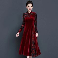 2024 Spring Autumn Middle-Aged Mother Fashion Embroidery Gold Velvet Dress Women Temperament Elegant Velvet Red Dress, Gold Velvet Dress, Stand Collar Dress, Velour Dress, Red Velvet Dress, Evening Dresses Plus Size, Outfits Dress, Linen Maxi Dress, Fall Fabric