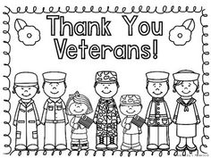 a coloring page with the words thank you veterans and two children standing in front of them