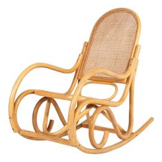 a wooden rocking chair with wicker seat and back support, on a white background