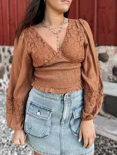 Ivy Top (Rust) Jewlery Earrings, Special Event Dresses, Western Style Outfits, Romper And Jacket, Lace Inset, Top Graphic Tees, Long Puff Sleeves, Lace Bodice, Fitted Silhouette