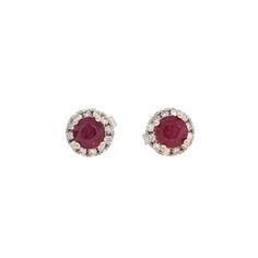 Stud Earrings-Pretty Mozambique Ruby Studs in Solid 14K White Gold with Natural Diamond Accents | Gemstone Earrings | Classic | Elegant | July Birthstone - NNJGemstones Diamond Gemstone Earrings Round Cut, Designer Silver Jewellery, Jewelry Showcases, Natural Earth, Earring Findings, Pendant Bracelet, G H, Mozambique, Estate Jewelry