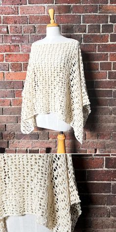 two pictures of a white crocheted top on a mannequin dummy, and the same one in front of a brick wall