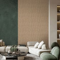 a living room filled with furniture and walls covered in striped wallpaper, next to a coffee table